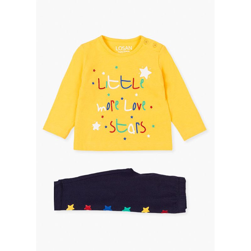 Conjunto de camiseta en color amarillo y leggins de punto para bebé niña. Conjunto de camiseta punto de manga larga. Con cuel