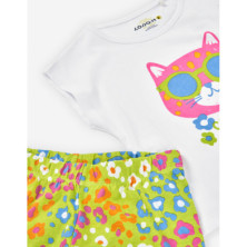 Conjunto verano niña con short estampado flores y camiseta con print de gatito Losan