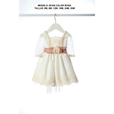 Vestido ceremonia manga francesa tul bordado crudo/rosa