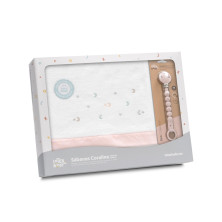 Tríptico cuna coralina estrella luna multicolor+broche blanco/rosa Interbaby