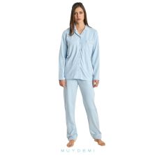 Pijama invierno mujer camisero algodón celeste muydemi